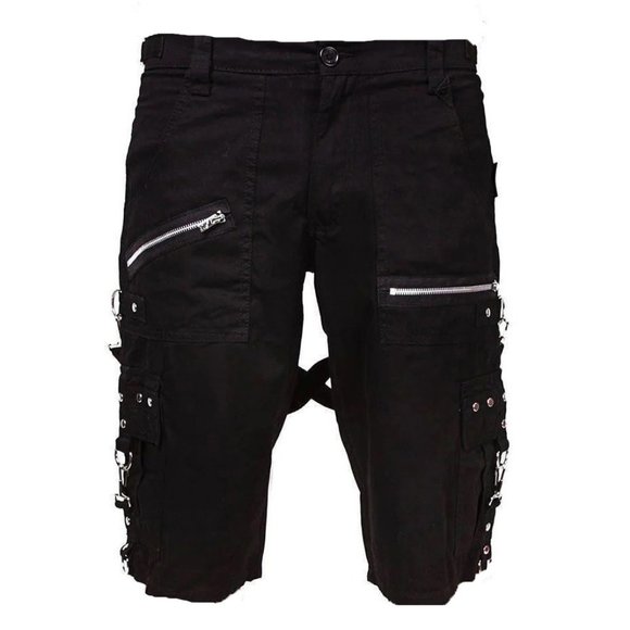 Men Black Punk Shorts Gothic Black Cotton Shorts Punk EMO Shorts With Zipper